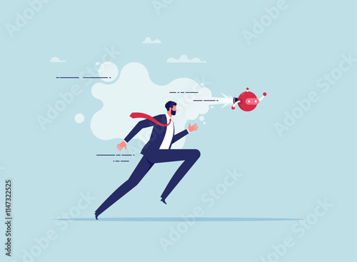 Businessman racing against a robot, depiction of human ingenuity challenging technological advancement. Innovation, competition, and the quest for excellence in modern business