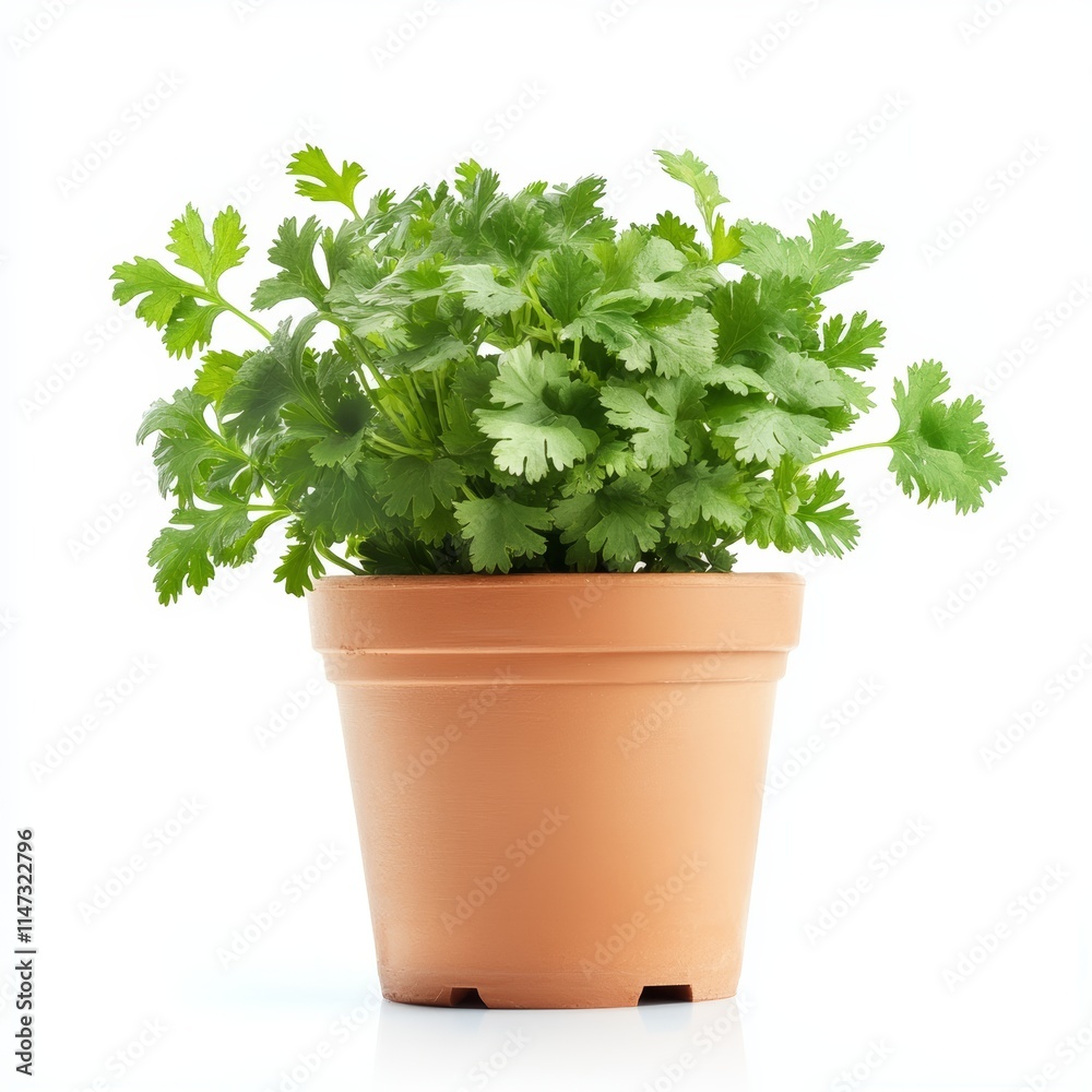 A potted cilantro plant isolated on white background A potted cilantro plant isolated on white background