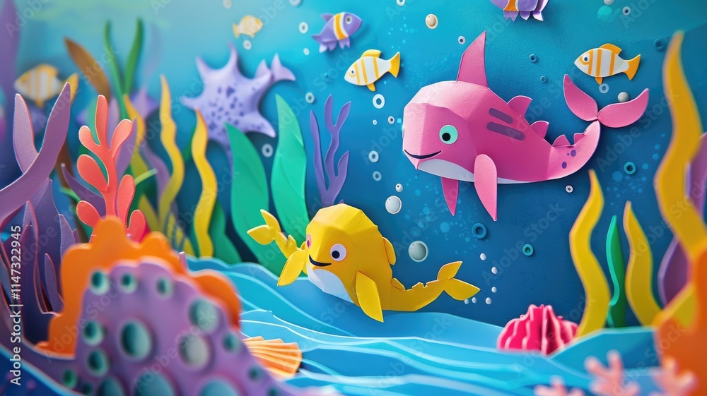 Colorful paper cut out represent of various sea or ocean fish species arranged underwater scene reflect oceanic and marine life ecosystems. Artistic creativity craftsmanship in aquatic themes. AIG53. Colorful paper cut out represent of various sea or ocean fish species arranged underwater scene reflect oceanic and marine life ecosystems. Artistic creativity craftsmanship in aquatic themes. AIG53.