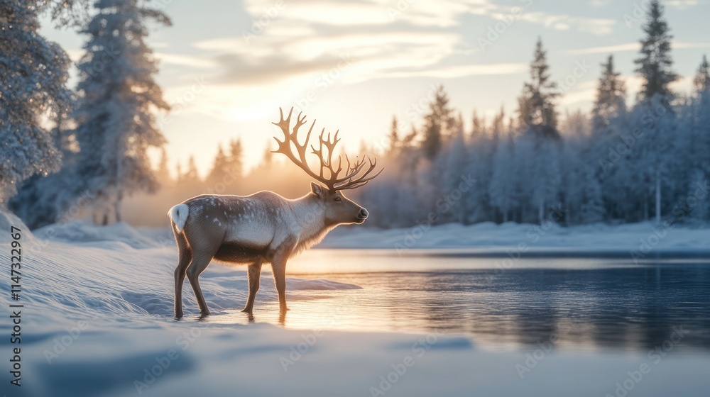 Obraz premium Majestic reindeer by winter lake at sunrise.
