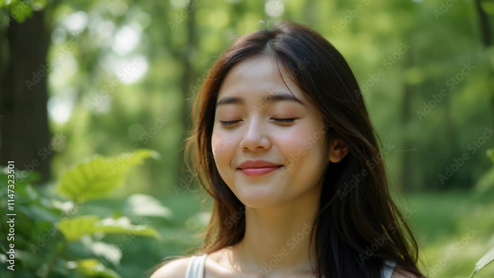 Young attractive asian woman taking deep breath in lush green forest Young attractive asian woman taking deep breath in lush green forest