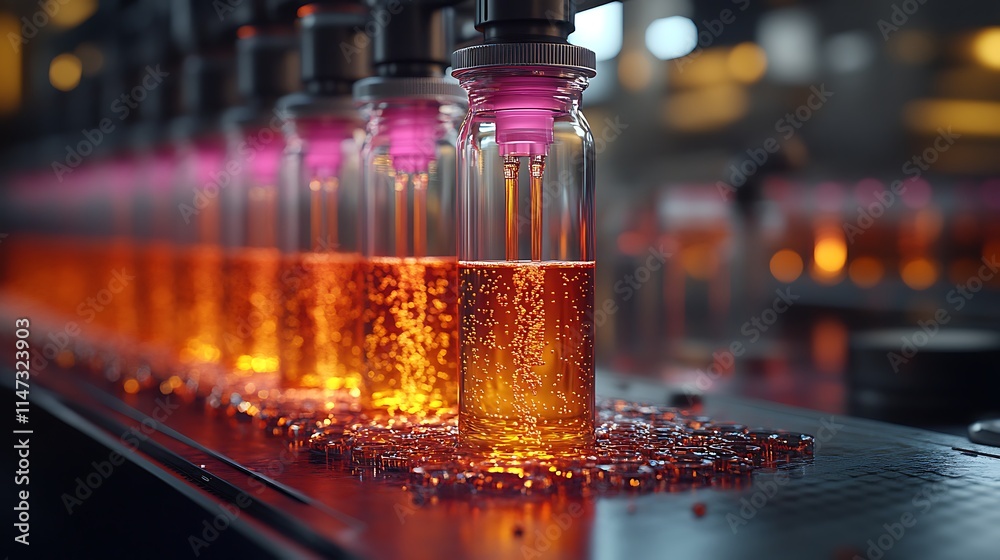 Automated Bottling Line: A row of glass bottles filled with a sparkling orange liquid move along a conveyor belt, illuminated by a warm, inviting glow. The image evokes a sense of precision. Automated Bottling Line: A row of glass bottles filled with a sparkling orange liquid move along a conveyor belt, illuminated by a warm, inviting glow. The image evokes a sense of precision.