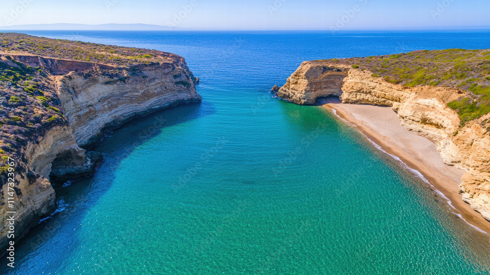 Fototapeta premium A serene coastal view featuring a turquoise bay surrounded by rocky cliffs and a sandy beach under a clear blue sky.
