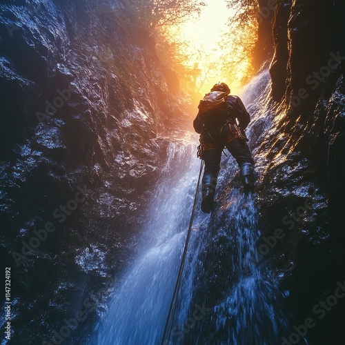 Canyoner Rappelling Down Steep Rock Wall with Mist Rising Below photo