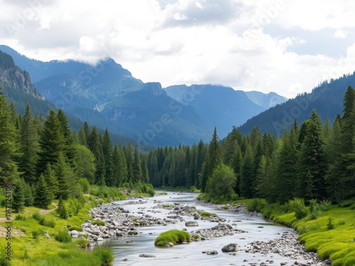 Lush forest with a flowing river and majestic mountains in the background, exploration, trees, river