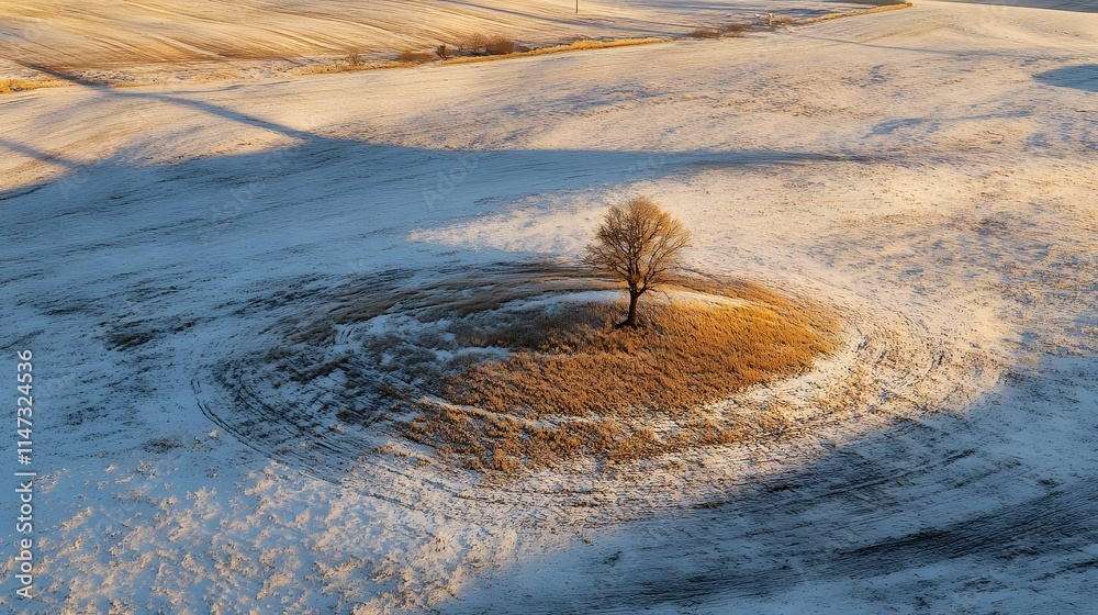 Aerial view of a snowy hilltop with a lone tree casting a long shadow in the morning light Aerial view of a snowy hilltop with a lone tree casting a long shadow in the morning light