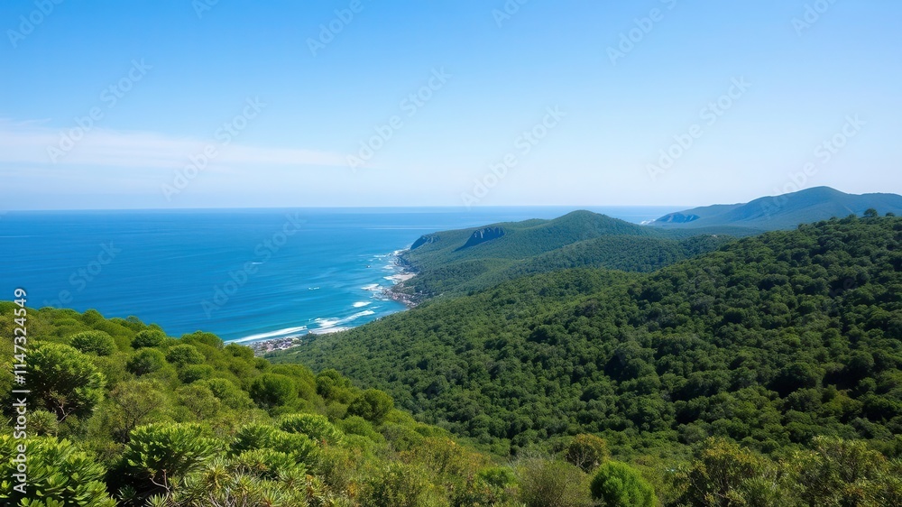 A breathtaking panoramic view of the ocean with waves crashing against the shore, framed by lush greenery and a clear blue sky, landscape, idyllic, greenery A breathtaking panoramic view of the ocean with waves crashing against the shore, framed by lush greenery and a clear blue sky, landscape, idyllic, greenery