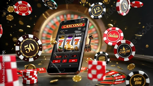 casino, gamble, poker, money, luck, chance, Podium with smartphone, casino slot machine, Casino Roulette , cards and poker chips in dark gold scene