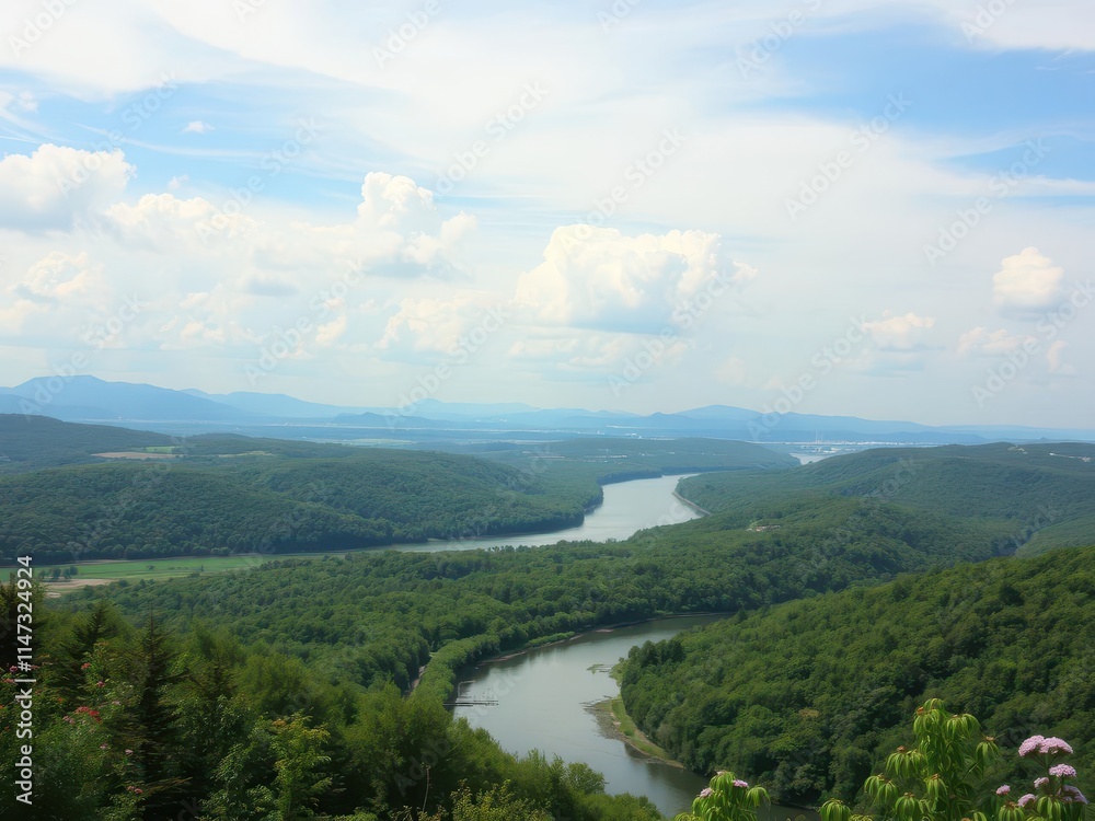 Naklejka premium Lush green forest with tall trees, vibrant flowers, flowing river, and clear blue sky, sky, landscape, growth