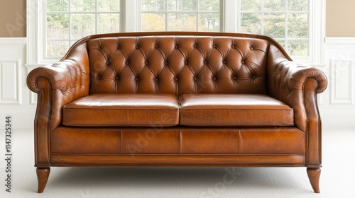 Brown leather tufted loveseat in bright room.