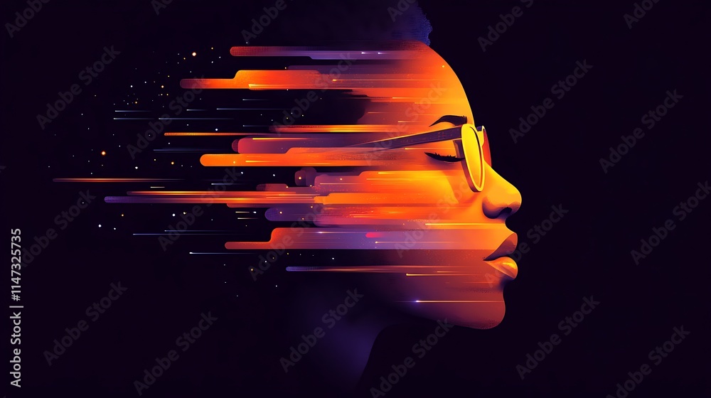 Digital Persona: A woman's profile is enveloped in a vibrant digital stream of light, symbolizing the interconnectedness of technology and human progress. The image evokes a sense of speed.