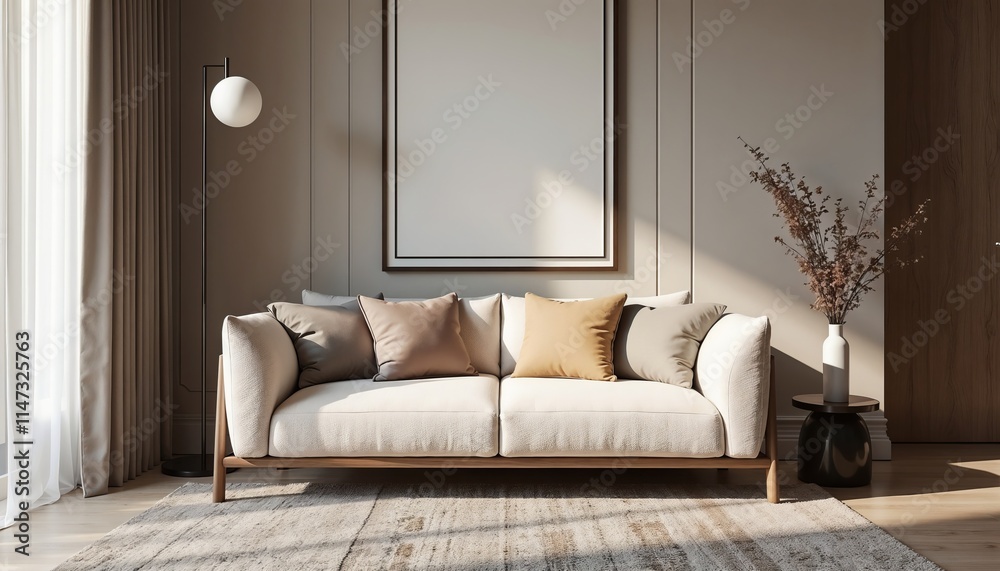 Fototapeta premium Minimalist living room with beige sofa, abstract artwork, and soft light.Simplicity. Comfort. Timeless Style.Modern home design, living room inspiration, interior decoration banner.