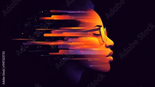 Obraz na płótnie Digital Persona: A woman's profile is enveloped in a vibrant digital stream of light, symbolizing the interconnectedness of technology and human progress. The image evokes a sense of speed. w salonie