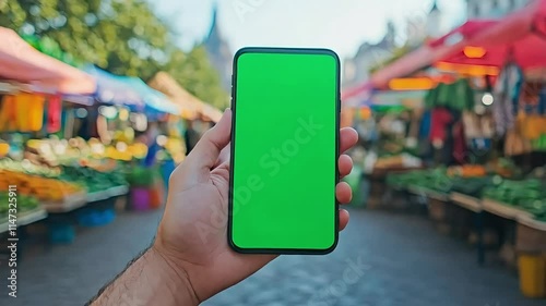 A Smartphone with green screen, A Digital Window to the City, A Smartphone Captures the Bustling Streets of a City, with a shopping center theme. photo