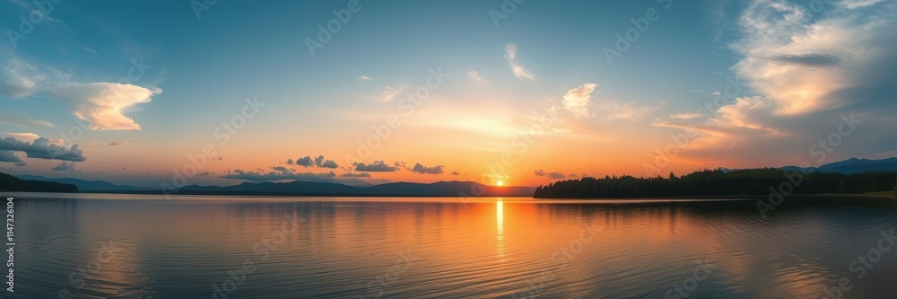 A breathtaking view of a colorful sunset over a tranquil lake surrounded by lush green trees and mountains in the distance, tranquil, lake, dusk A breathtaking view of a colorful sunset over a tranquil lake surrounded by lush green trees and mountains in the distance, tranquil, lake, dusk