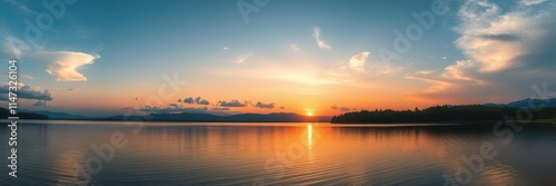 A breathtaking view of a colorful sunset over a tranquil lake surrounded by lush green trees and mountains in the distance, tranquil, lake, dusk