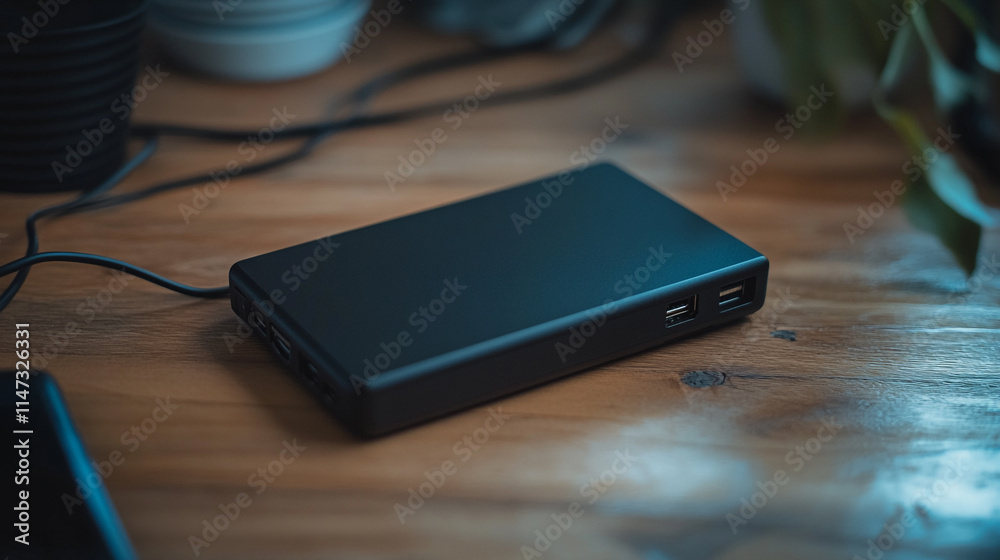Portable charger on wooden table with plants and kitchenware in the background. Portable charger on wooden table with plants and kitchenware in the background.