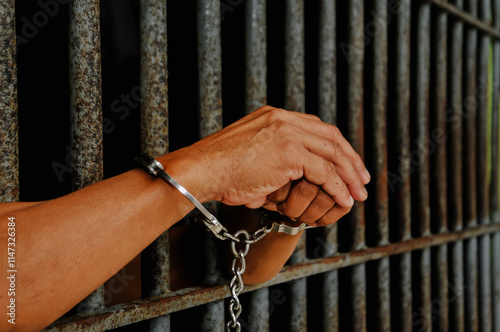 prisoner's hands behind bars with black background