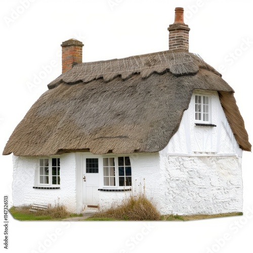A quaint cottage with a thatched roof, isolated in white, white background