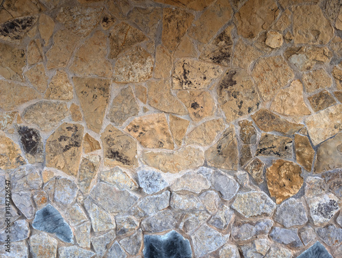 Irregular rustic stone and cement outdoor wall texture or background. Exterior wall cladding with mediterranean natural stones of different colors.	 photo