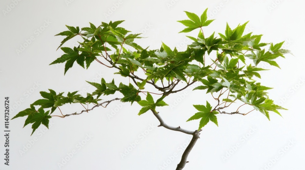 A delicate Japanese Maple bonsai tree displays vibrant green leaves A delicate Japanese Maple bonsai tree displays vibrant green leaves