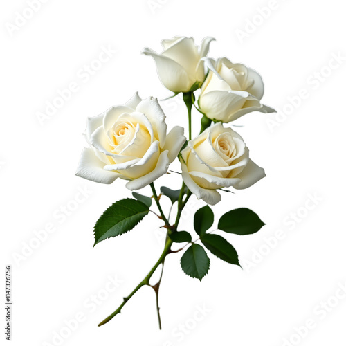 Fototapeta Naklejka Na Ścianę i Meble -  Bouquet of five white roses with green leaves on black background