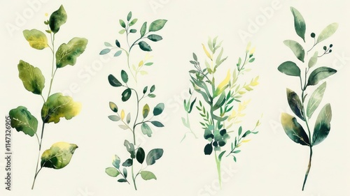 Watercolor botany picture of natural leaf and flora arranged as set. Group of vividness flower and herbal or tree leaves express beautiful element of nature perfect for study biology knowledge. AIG53.