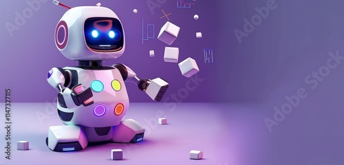 A playful 3D robot with a compact body and colorful buttons, juggling small digital cubes on a purple background.