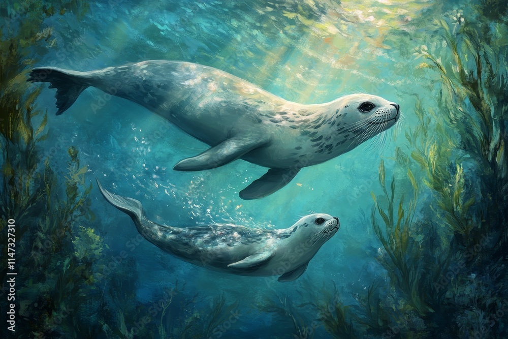 Fototapeta premium Two seals swim underwater, kelp forest background.