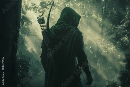 Hooded archer, bow, arrows, forest, figures.