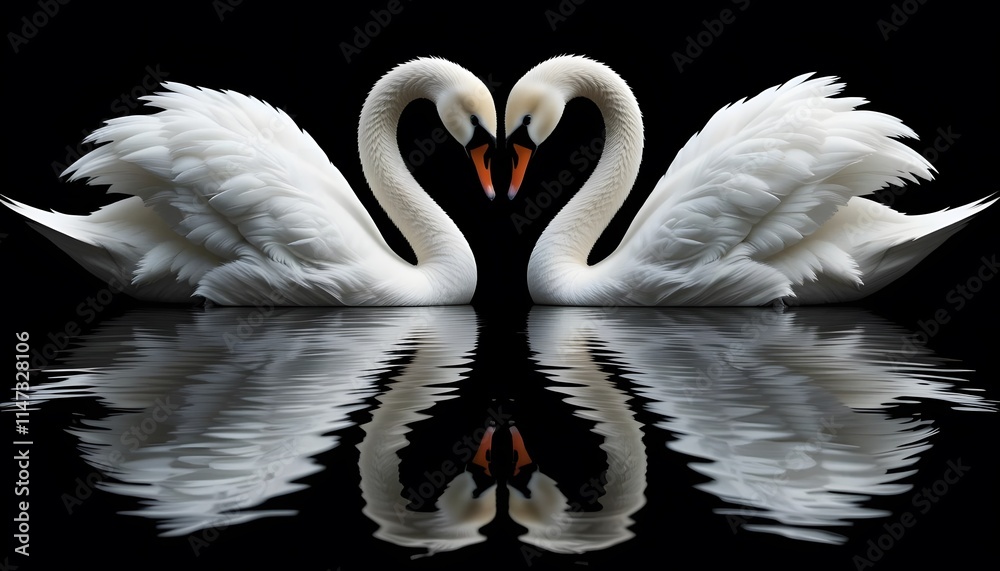 Fototapeta premium Swans Forming Heart Shape on a Calm Water Surface with Black Background