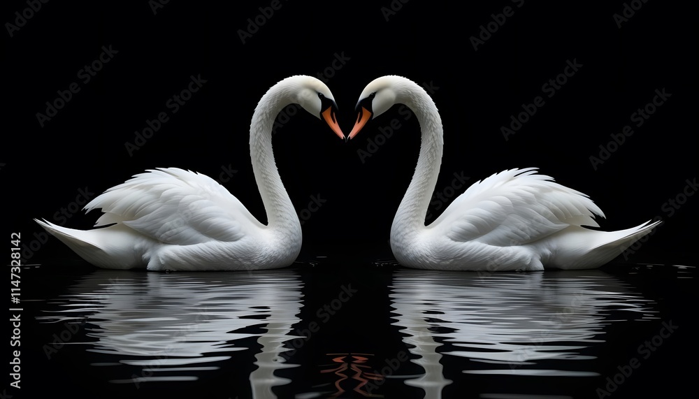 Fototapeta premium Swans Forming Heart Shape on a Calm Water Surface with Black Background