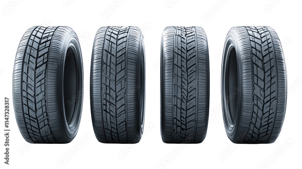 Realistic Close-Up Images of Four Tire Designs Showcasing Tread Patterns and Side Views for Automotive Use Realistic Close-Up Images of Four Tire Designs Showcasing Tread Patterns and Side Views for Automotive Use