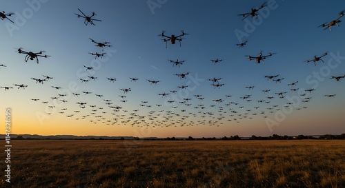A swarm of drones flying in formation against a sunset sky, capturing the modern technology of unmanned aerial vehicles in a beautiful and serene setting