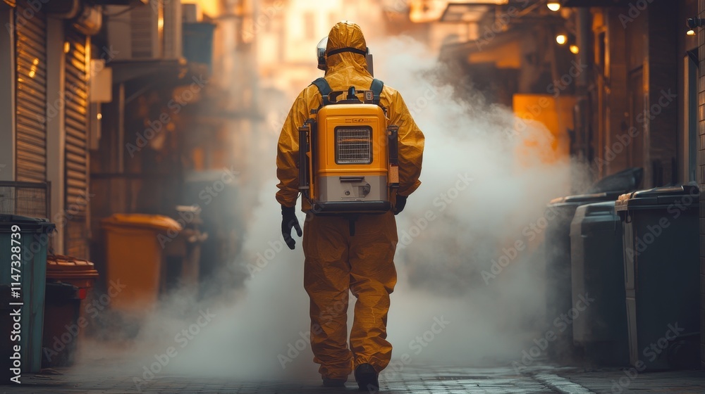 Worker in Protective Suit Fumigating Urban Area Worker in Protective Suit Fumigating Urban Area