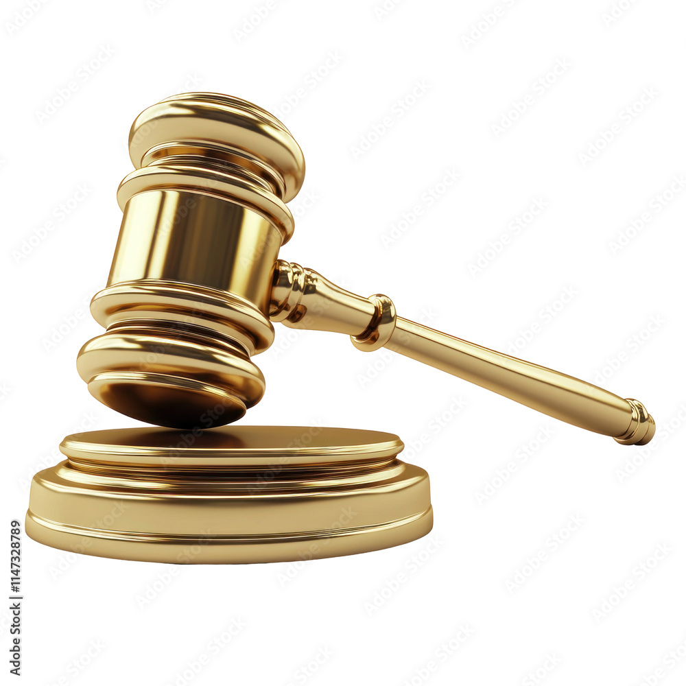 Realistic 3D Rendering of a Golden Gavel on a Round Sounding Block Isolated on a Transparent Background Realistic 3D Rendering of a Golden Gavel on a Round Sounding Block Isolated on a Transparent Background