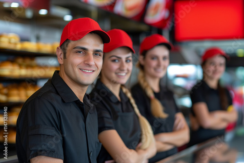 Group of Australia workers at a fast food establishment, photography of the team with a fast food restaurant background.