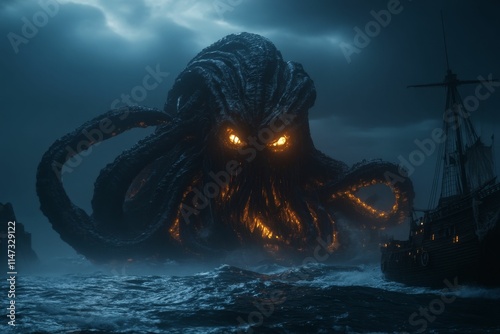 Glowing Kraken menaces ship, stormy sea. photo