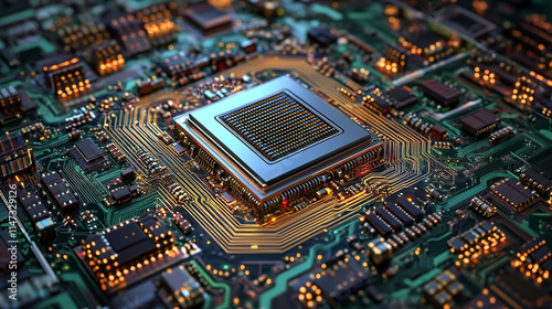 Detled view of a modern microprocessor on a vibrant circuit board.   photo