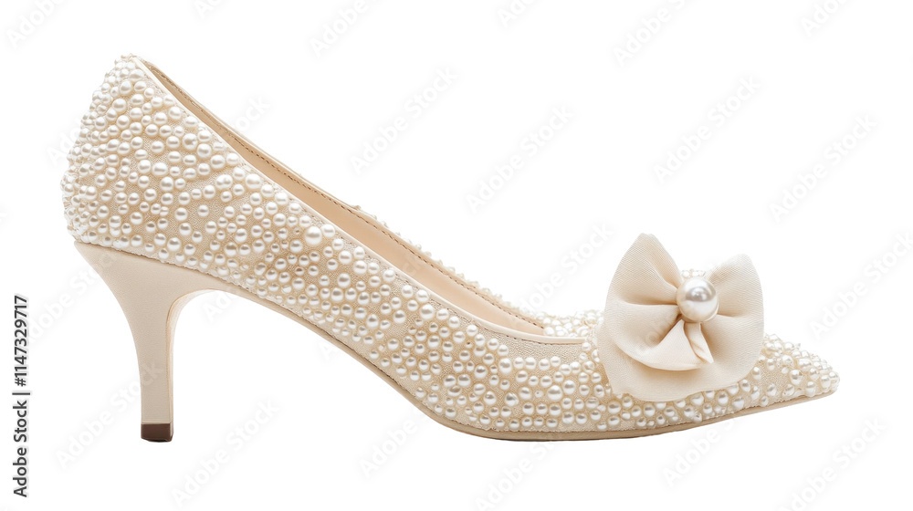 Obraz premium Elegant White High Heel Shoe Decorated with Pearls and a Bow for Bridal or Formal Occasions