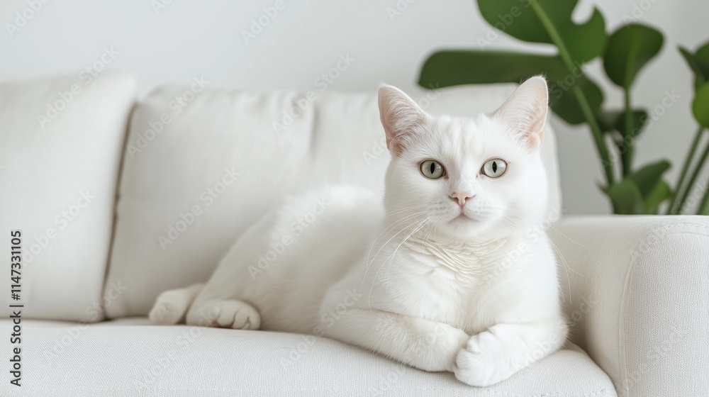 Relaxing white cat on couch in modern living room lifestyle photography calm environment indoor view Relaxing white cat on couch in modern living room lifestyle photography calm environment indoor view