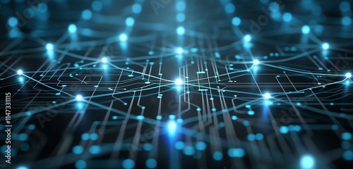 A sleek digital business background featuring interconnected blue and silver circuits forming a complex network on a dark background, symbolizing advanced technology and connectivity.