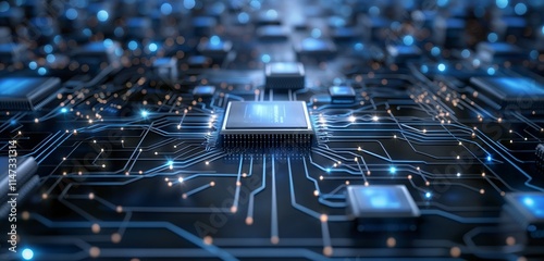 A sleek digital business background featuring interconnected blue and silver circuits forming a complex network on a dark background, symbolizing advanced technology and connectivity.
