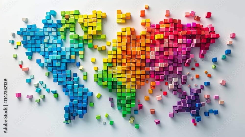 Fototapeta premium A vibrant, fragmented world map constructed from colorful wooden blocks.