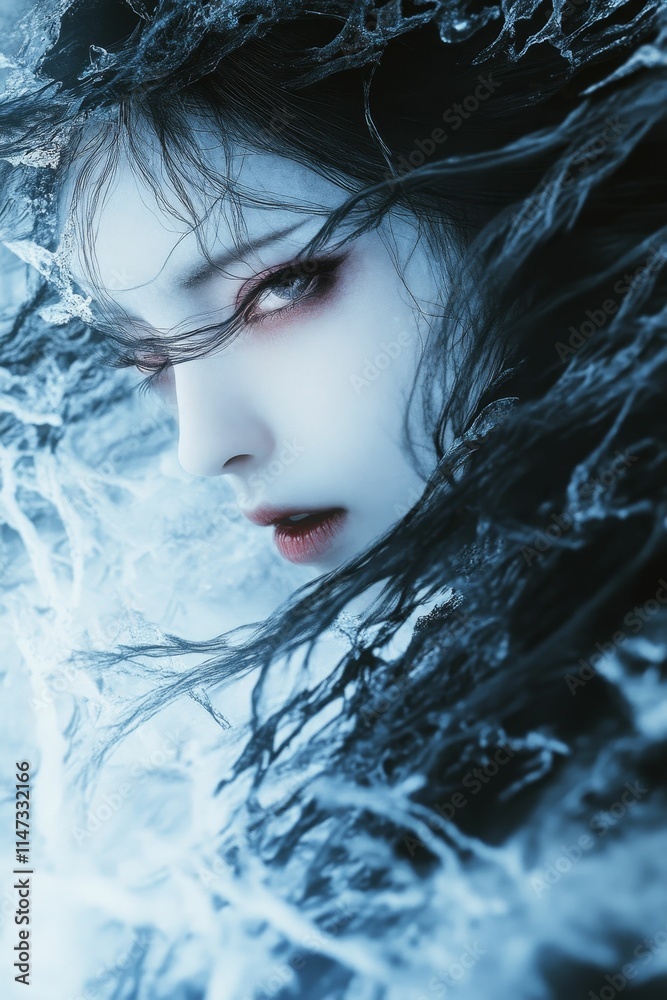 Pale woman's face, icy blue, dark hair, frozen. Pale woman's face, icy blue, dark hair, frozen.