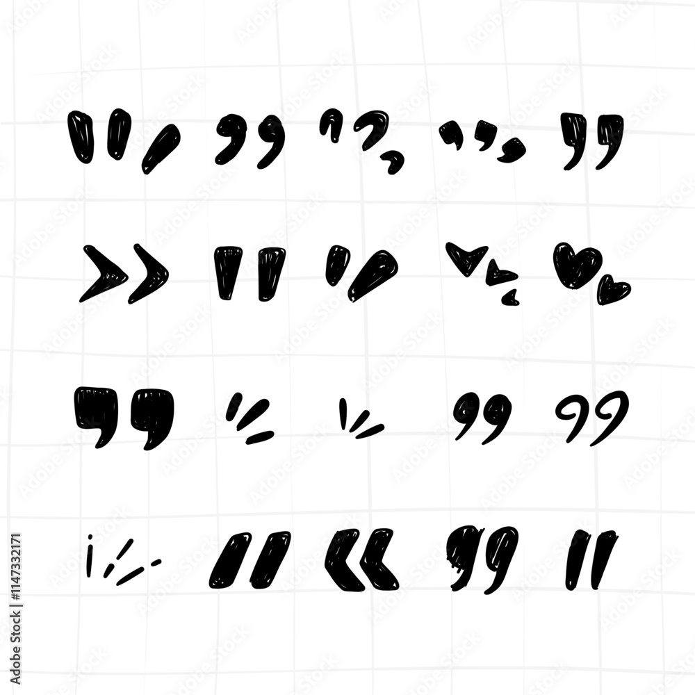hand drawn collection of doodle quotation mark for quote text in fun and quirky style