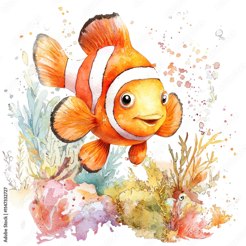 Naklejka premium Vibrant Illustration of a Clownfish Swimming in a Colorful Coral Reef Environment