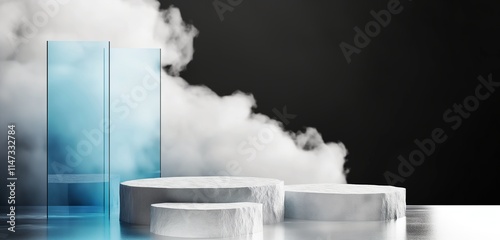 A sleek podium made of white stone and blue glass, positioned in front of a black and white gradient background with soft clouds, representing a blend of elegance and modernity.