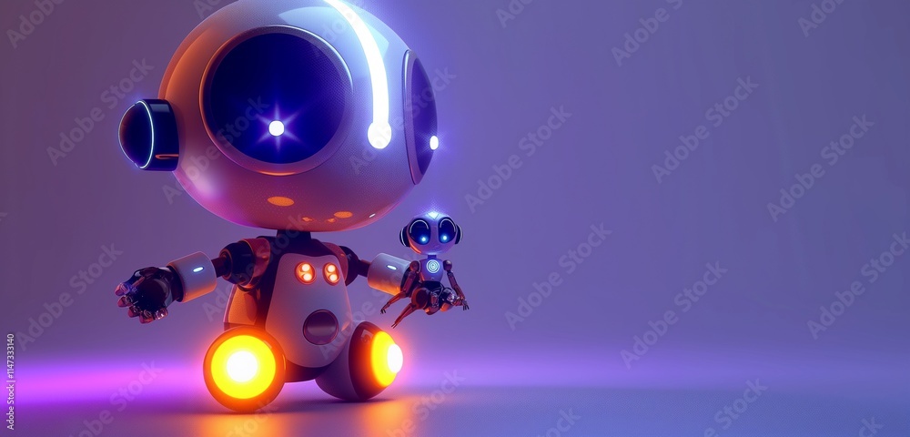 A small 3D robot with a round head and blinking lights, holding a tiny robot companion on a purple background.