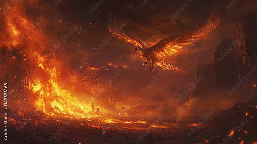 Naklejka premium Fiery bird soars over burning landscape.